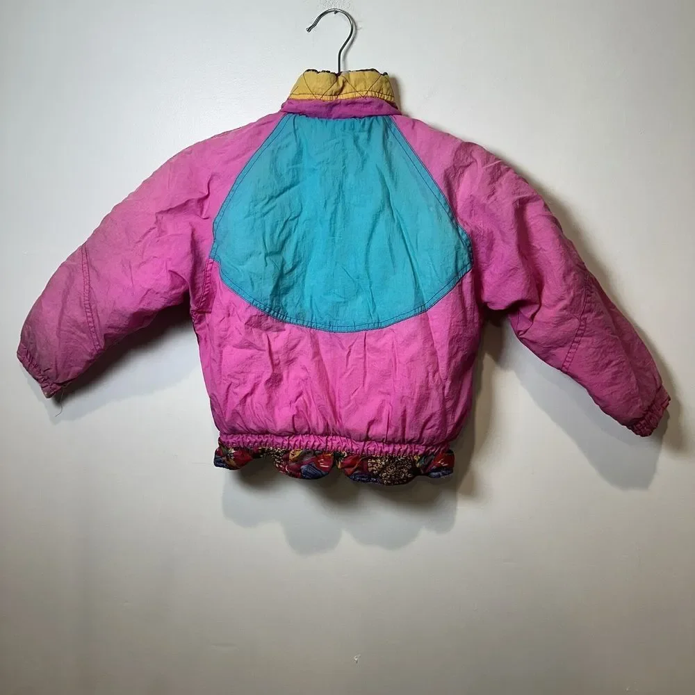Vintage Kids Puffer Jacket Pink Teal Colorblock Retro 80s 90s Bomber‎ Coat